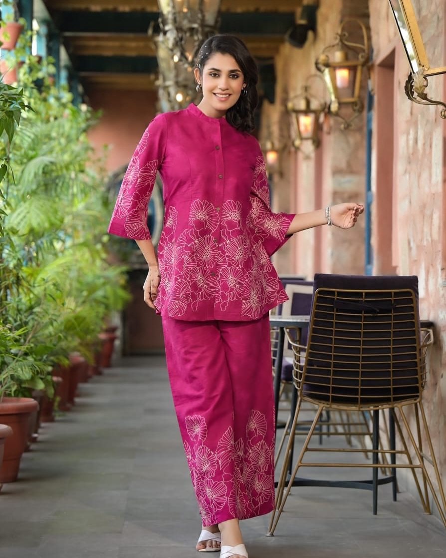 Pink Printed Cotton Co-Ord Kurta Set